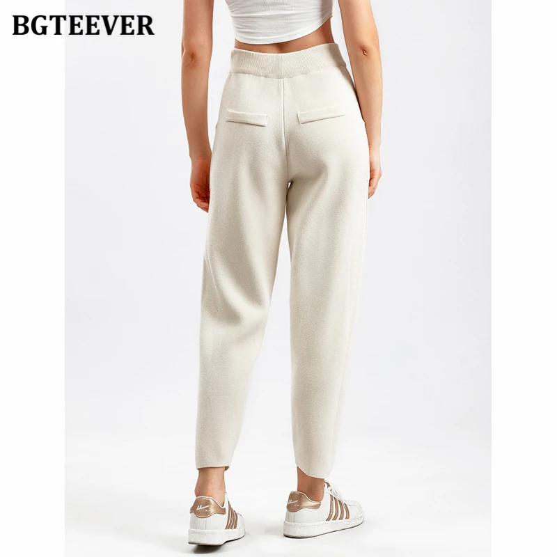 BGTEEVER Elastic Waist Thick Ladies Harem Pants Autumn Winter Pants Women Loose Pockets Cotton Knitted Trousers Female 0.7 kg