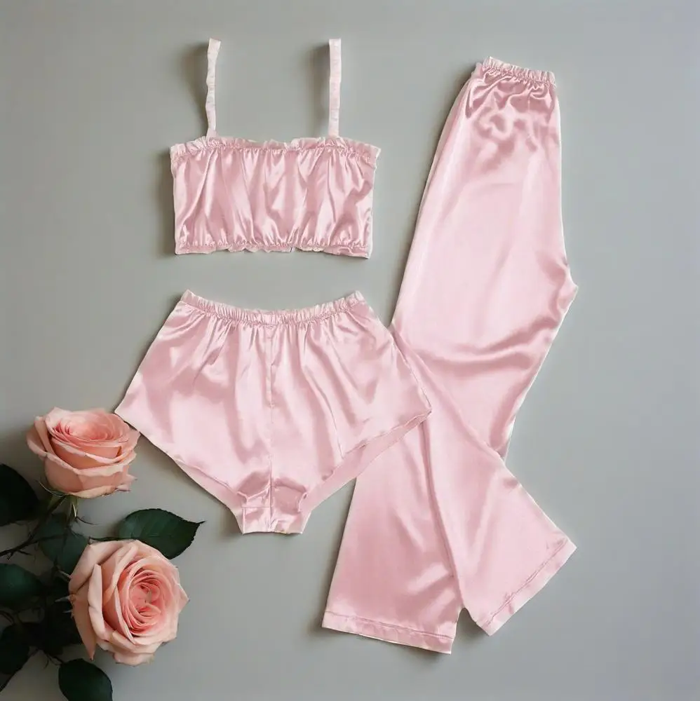 Three Piece Women's Pink Solid Satin Vest Shorts and Pants Paired with Ribbed Fabric for Home Casual Sexy Lingerie Sleepwear Set