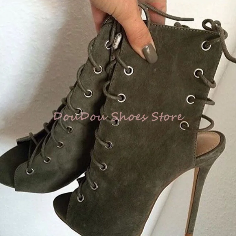 Green Cross Strap Suede Slingback Sandals Boots Women Open Toe Side Zipper Thin High Heels Fashion Trendy Party Gladiator Shoes 2