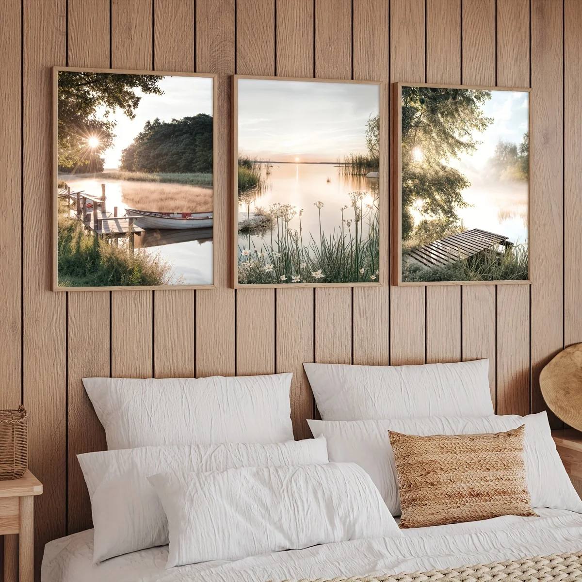 3pcs Set Modern Rustic Landscape Canvas Art Prints - Frameless Geometric Triptych Wall Posters - Serene Lake and Wooden Canoe Na