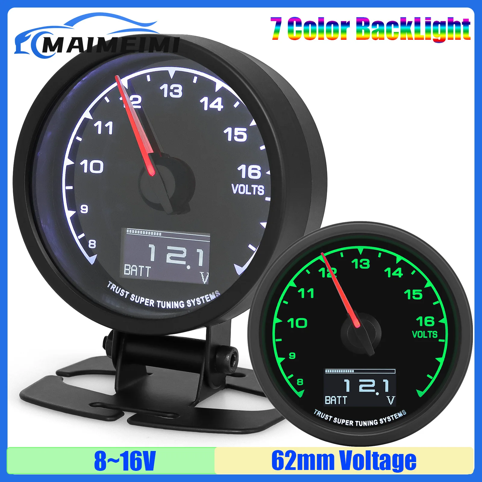 

7 Color Light 2.5INCH 62mm Voltmeter with Holder Bracket 8-18V Digital Voltage Pointer Volt Meters for Gasoline Racing Car 12V