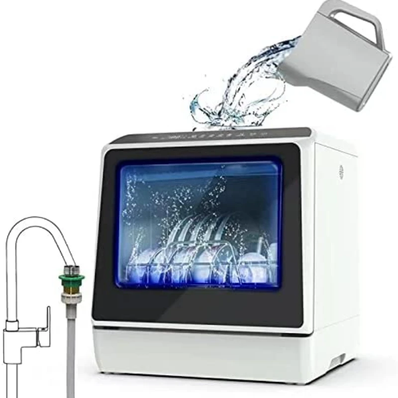 

Portable Countertop Dishwasher 5 Washing Programs Built-in Water Tank Fruit & Vegetable Cleaning with Basket 3D spray LED lights