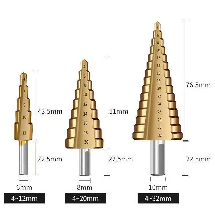 6PCS Titanium Coated Serrated Step Drill Bits Set, Triangular Shank Pagoda Hole Drilling Bits with White Transparent Storage Box