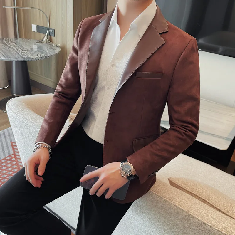 High-quality Fashion Collar Splicing Leather Single West Men\'s Solid Color Two Grain Single Breasted Business Casual Suit  M-4XL