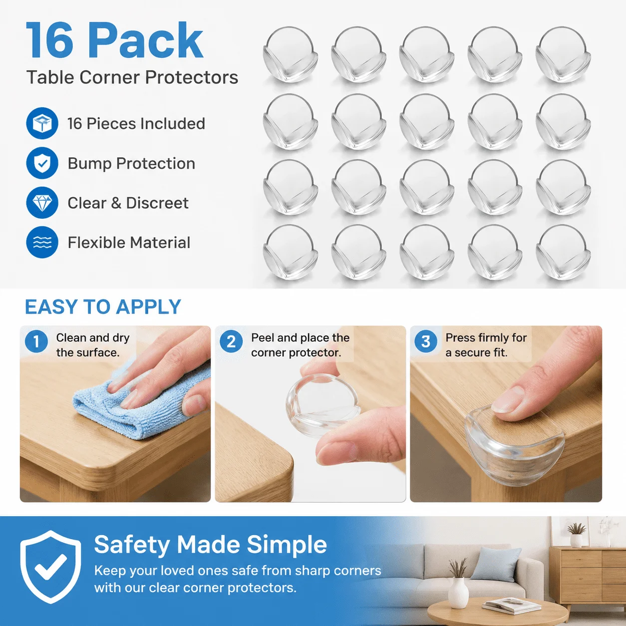 16 Pack Transparent Adhesive Corner Guards, Flexible Table and Furniture Corner Protectors for Home Surfaces view 5