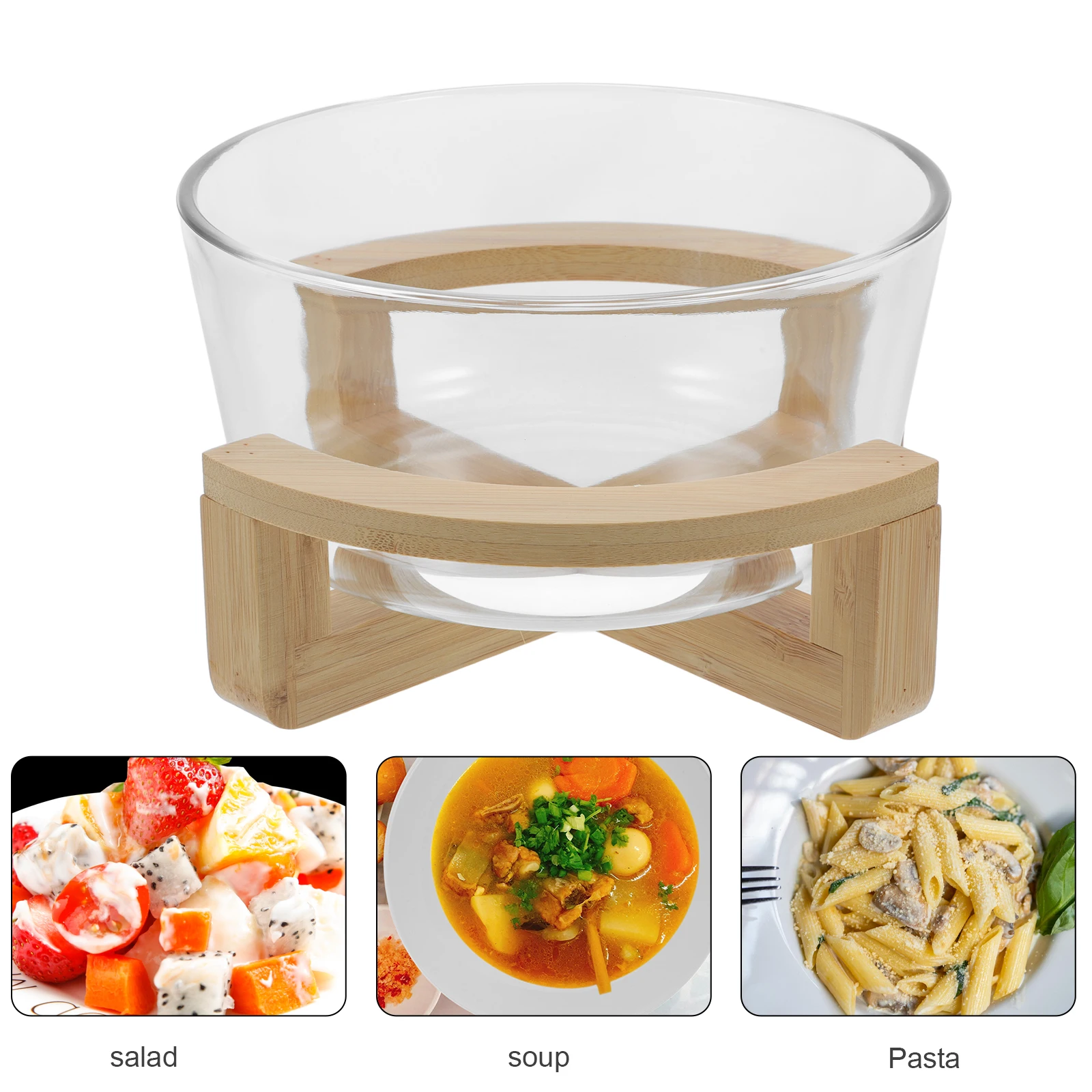 

1 set Glass Salad Bowl Heat Resistant Round Food Serving Bowl With Wooden Base For Dessert Snack Ice Storage Household Tableware