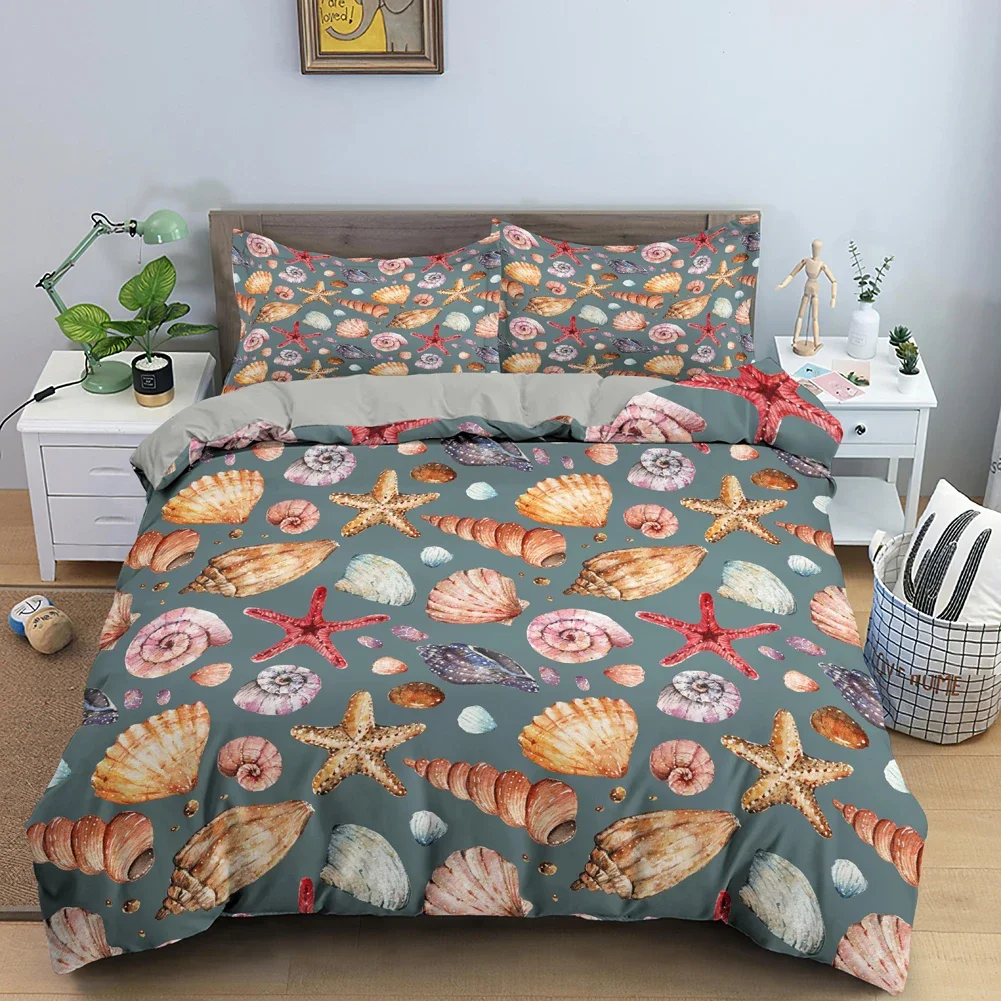 Starfish Seashell Duvet Cover Cute Sea Print Bedding Set King Queen Size Kids Boys Girls Ocean Animals Cover