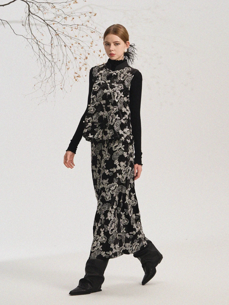 

Комплект Niniliuiu: осенне-зимний бархатный жилет и юбка с вышивкой в китайском стиле, асимметричный крой, премиум-класс