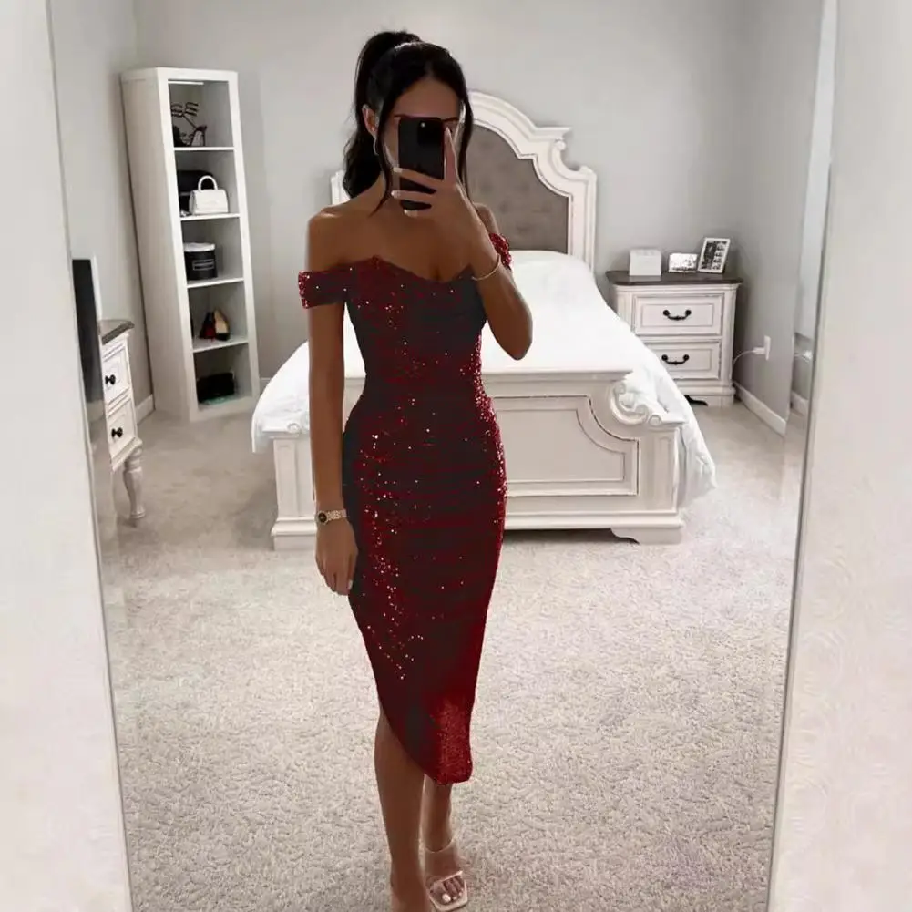 Sequined Evening Gown Elegant Sequin Off Shoulder Evening Dress for Prom Wedding Party Slim Fit Midi Dress with Irregular Hem
