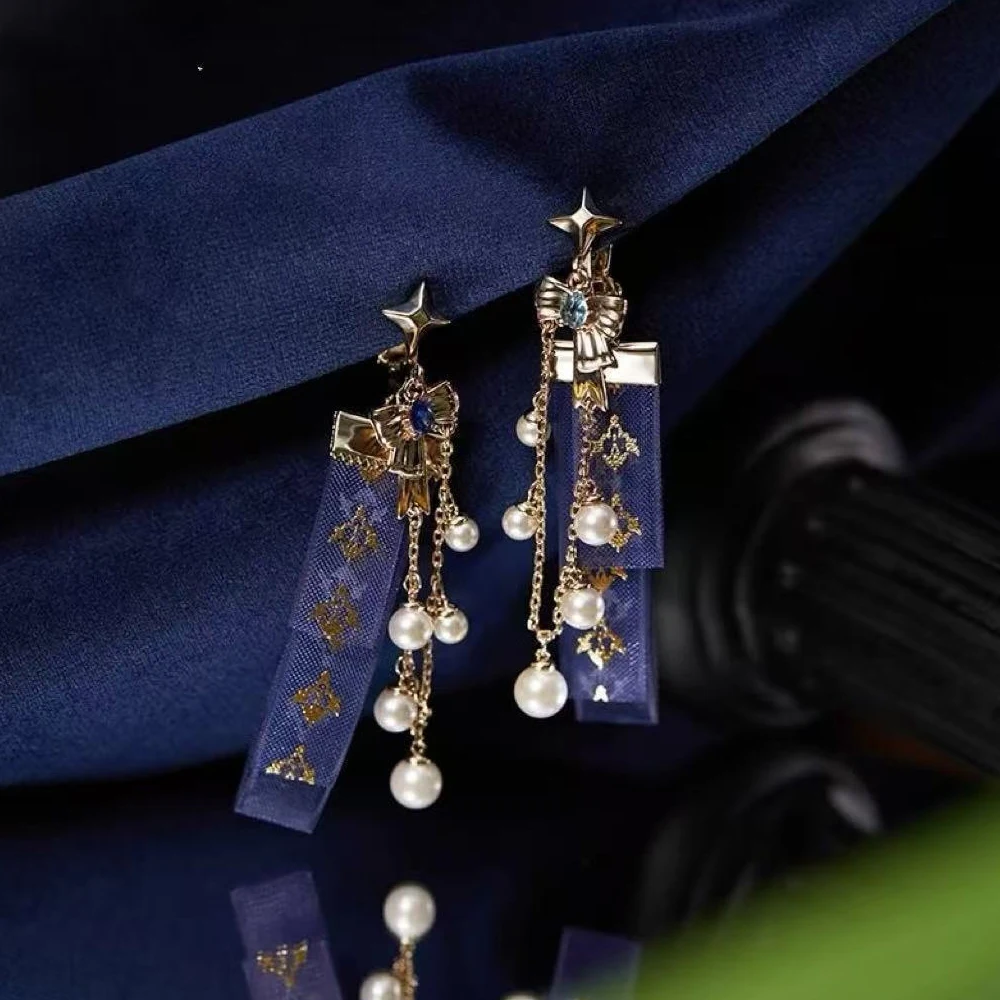 게임 겐신 임팩트 후리나 코스프레 귀걸이 메탈 이어 스터드 비대칭 이어드롭 성인용 비즈 체인 이어 클립 패션 파티 소품