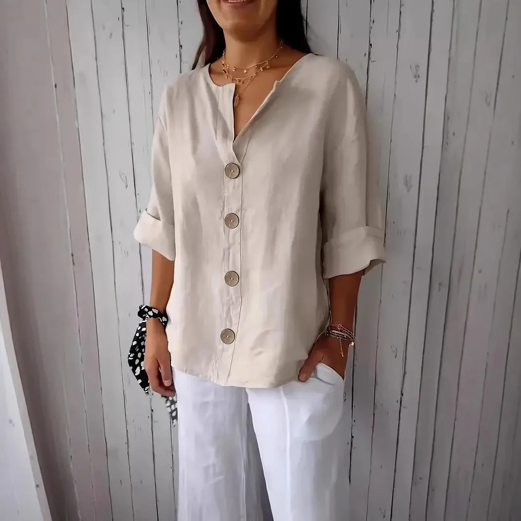 Los katoenen linnen dames T-shirt zomer nieuwe Sle casual V-ne button-up top comfortabel ademend zeven Sve-lengte