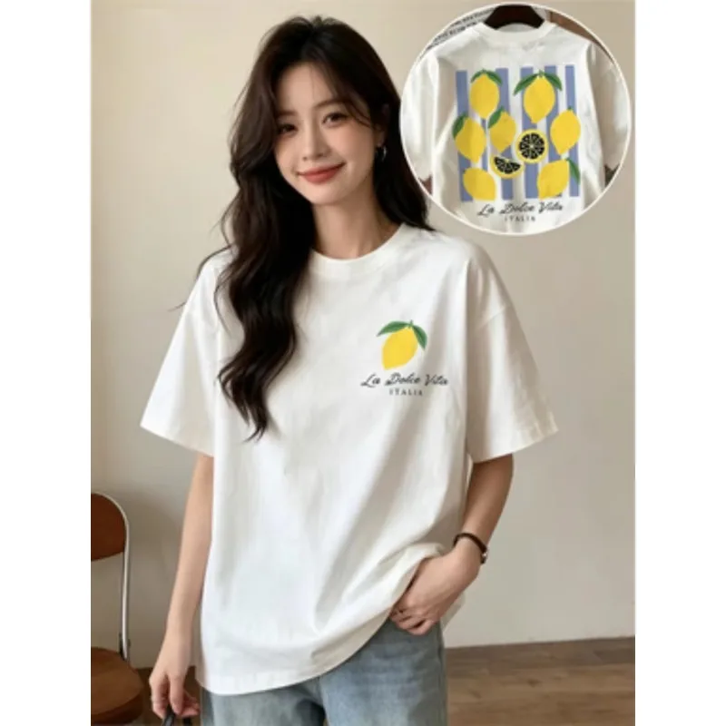 La Dolce Vita T-shirt Fun Lemon Fruit Pattern Purple Stripes Italian Style Neutral Harajuku Loose Short Sleeve Summer Women Top