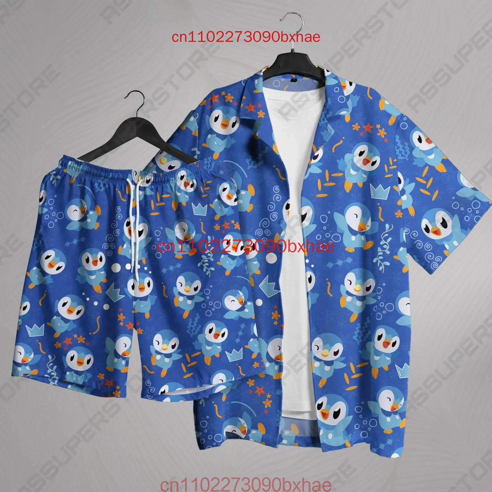 

Новая мужская гавайская рубашка Piplup на пуговицах с 3D принтом, летний тропический комплект, гавайские шорты, женская модная пляжная рубашка в стиле ретро