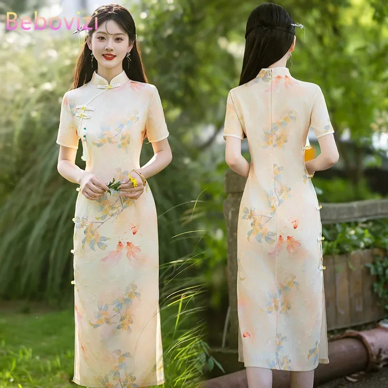 2024 Summer Short Sleeve Dinner Dress Fashion Retro New Modern Improved Cheongsam Chinese Style Qipao Plus Size 5XL