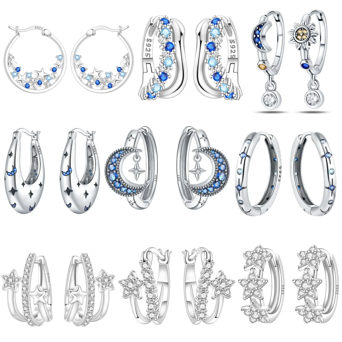 Real 925 Sterling Silver Hoop Earrings Moon Star Earrings For Women Engagement Wedding Party Birthday Gift Silver Jewelry