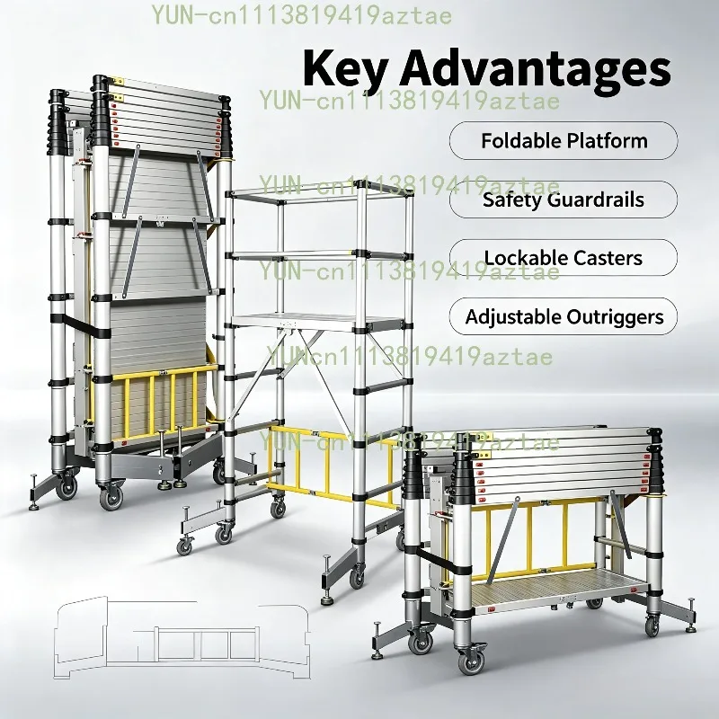 3-Section Telescopic Aluminum Mobile Tower Scaffold Ladder, Portable Working Platform Scaffolding