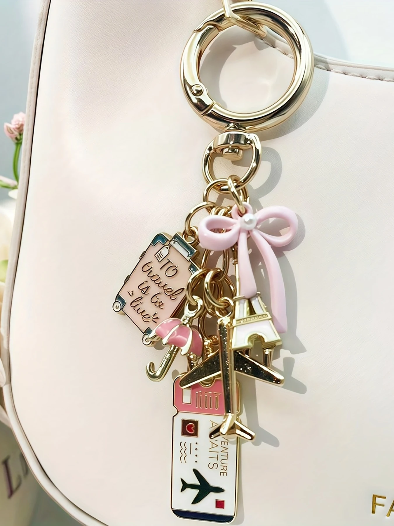 Delicate butterfly travel keychain with oil-drop airplane design, handmade suitcase, boarding pass, passport & Eiffel Tower deco