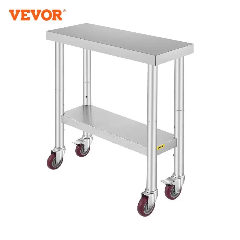 VEVOR Mesa de Preparación de Comida de Acero Inoxidable 76,2 x 30,5 x 86,4cm Tabla de Cocina Profesional Capacidad de Carga 100kg Tabla de Trabajo de Cocina Catering Ajustable para Restaurante Escuela