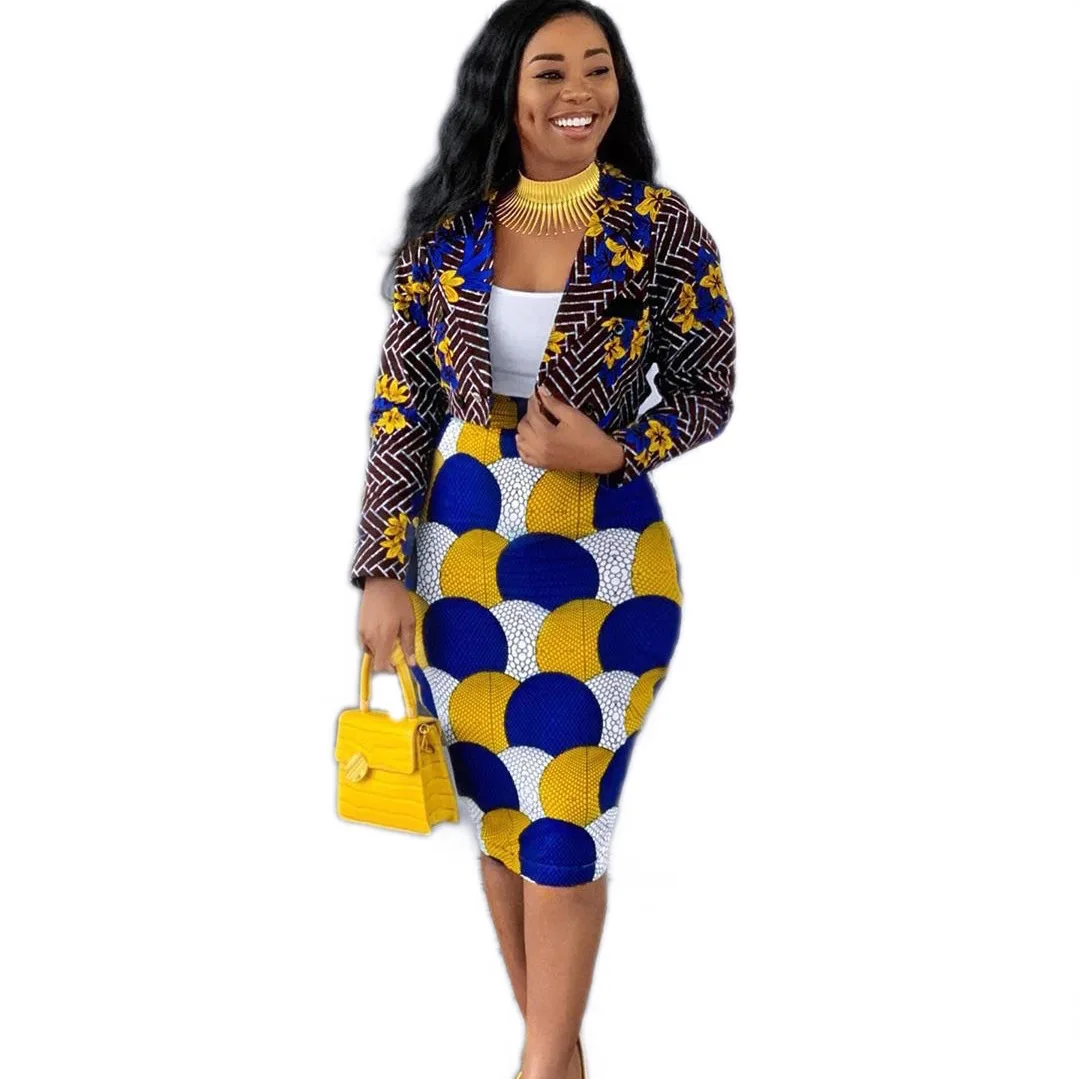 African Ethnic Style Women's Suit 2-piece Long Sleeve Casual Jacket and Skirt Suit Elegant and Fashionable Women's Skirt Suit