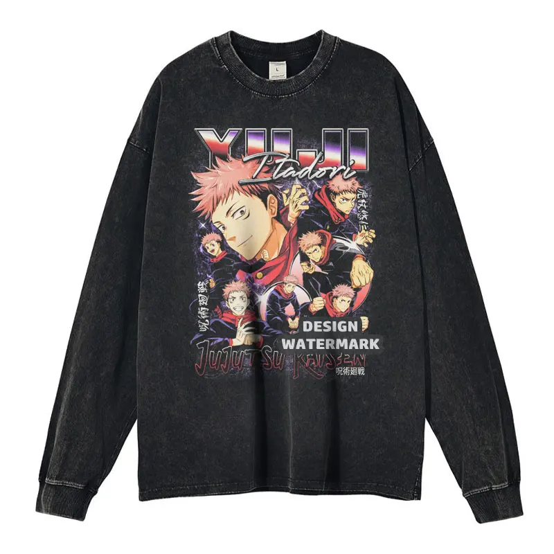 

J-Jujutsu K-Kaisen футболка с длинными рукавами аниме Gojou Yuuji Sukuna винтажная стираная толстовка в стиле манга оверсайз для мужчин и девочек 100% хлопок