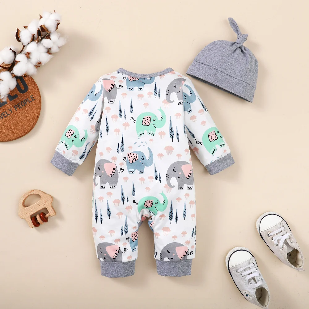 0-18 Months Newborn Baby Boy Romper Long Sleeves Animal Jumpsuit+Hat 2PCS Clothing Infant Boy Bodysuit for Spring&Autumn Wear