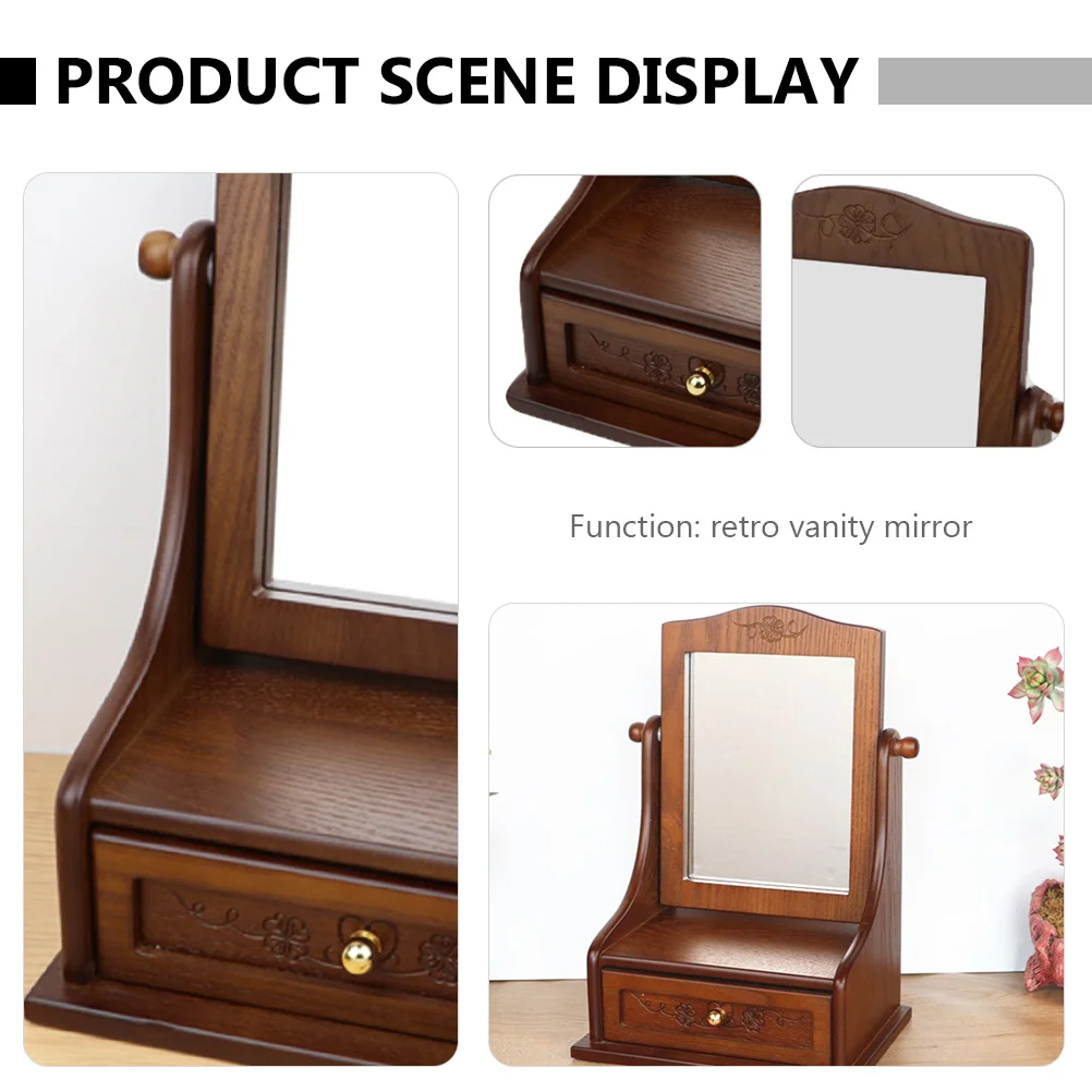 

Vintage Vanity Mirror Brown Female Desktop Large Clear Glass High Clarity Retro MakeUp Adjustable 360 Degree Wooden H Beauty