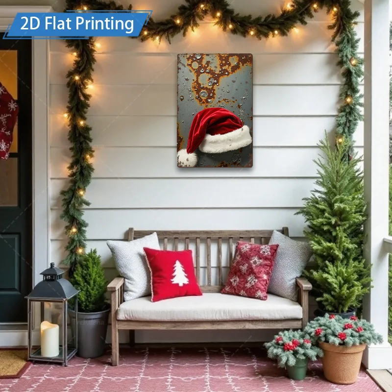[2D FLAT] 1 قطعة علامة معدنية ريفية معدنية عيد الميلاد قبعة جدار ديكور فني