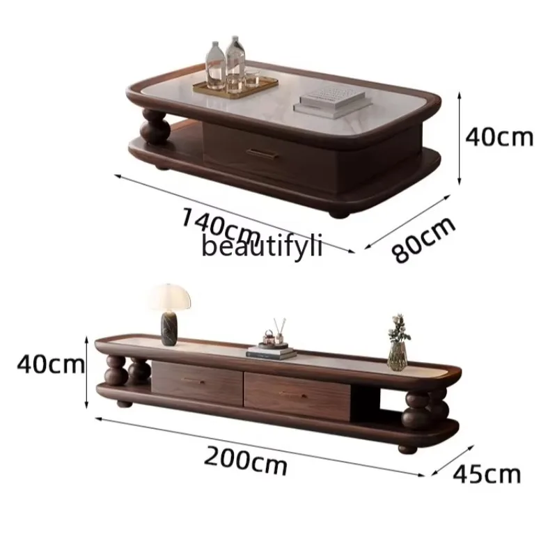 X Solid wood coffee table TV cabinet combination size apartment living room floor cabinet black walnut color
