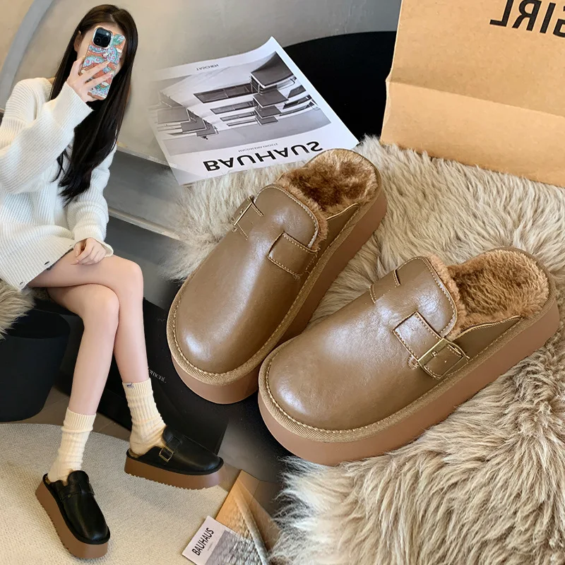 

Women Fur Flats Loafers Platform Slippers Plush Cotton Shoes Brand Leather Shoes Slingback Flip Flops Winter Trend Zapatos Mujer