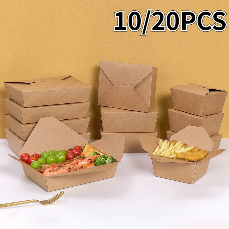 10/20PCS Disposable Fast Food Box Thickened Kraft Paper Folding Packaging Box Bento Cake Grilled Meat Salad Food Container