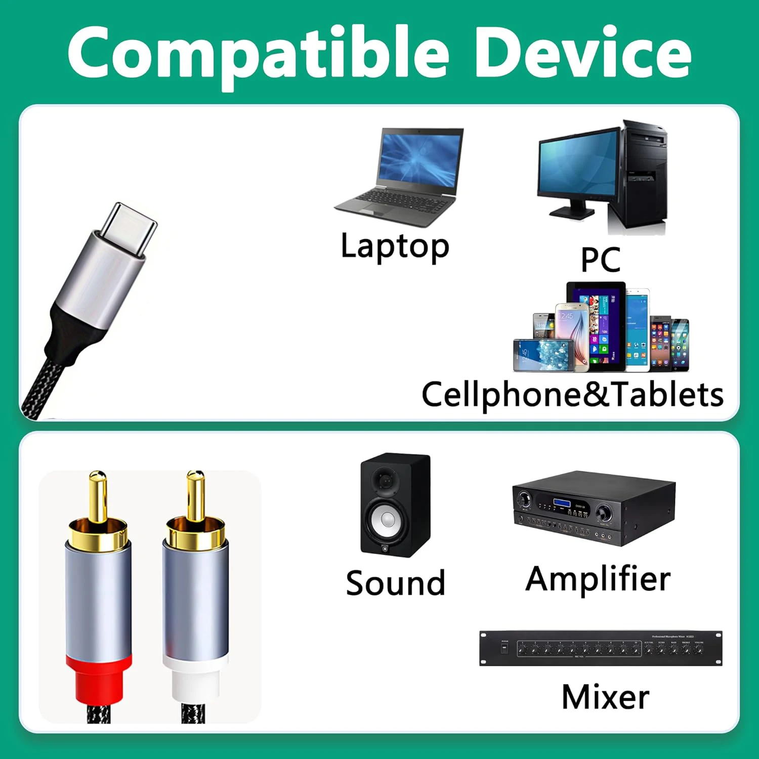 Type-C & 3,5-mm-Klinkenstecker auf 2 RCA-Audiokabel, 2RCA-Stecker Aux-Stereo-Splitter-Adapterkabel, kompatibel mit TV-Box, Apple TV, Lautsprechern – Detail 4