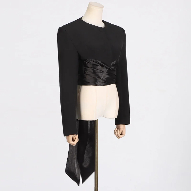 가을 패션 단색 라운드 넥 타이 웨이스트 슬림 핏 긴팔 여성 블레이저