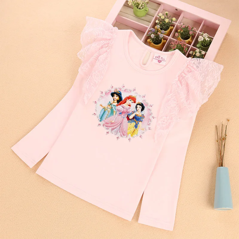 

Snow White Girls Lace Sleeve Tee, Flutter Sleeve Long Sleeve Top Spring Thin Round Neck T-Shirt for Kids New Arrival