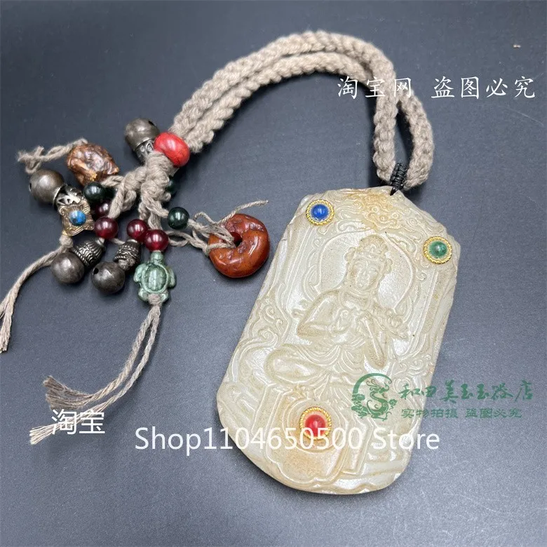 

Ретро тибетская имитация нефрита долото с гравировкой Гуаньинь Бодхисаттва кулон тибетский бренд Будды автомобиль висит инкрустированный мультидеревом