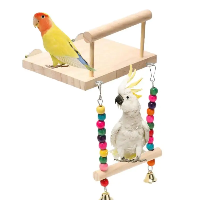 Wooden Parrot Perch Stand Playstand With Chewing Beads Bird Perches With Rattle Parakeet Toys With Swing for Lovebird Chinchilla