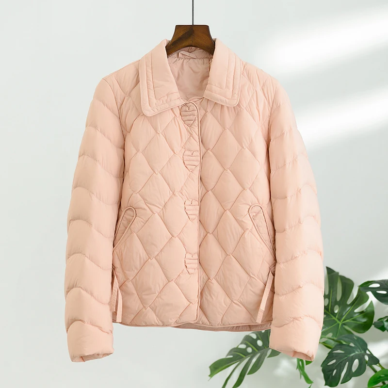 Schinteonผู้หญิงเป็ดสีขาวลงเสื้อลําลองหลวมArgyleฤดูใบไม้ร่วงฤดูหนาวOutwear Turn-Down Collarเสื้อแฟชั่น 2025 ใหม่