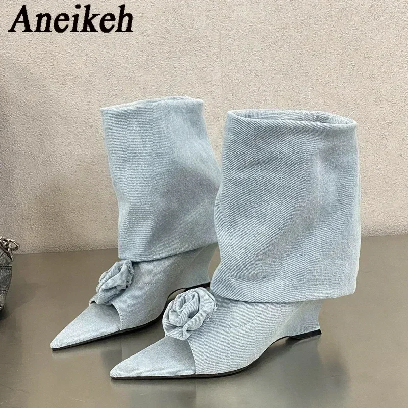 Aneikeh Fashion Wedges High Heels Street Style Design Flowers Peep Pointed Toe Women Ankle Boots Sandals Ladies Shoes