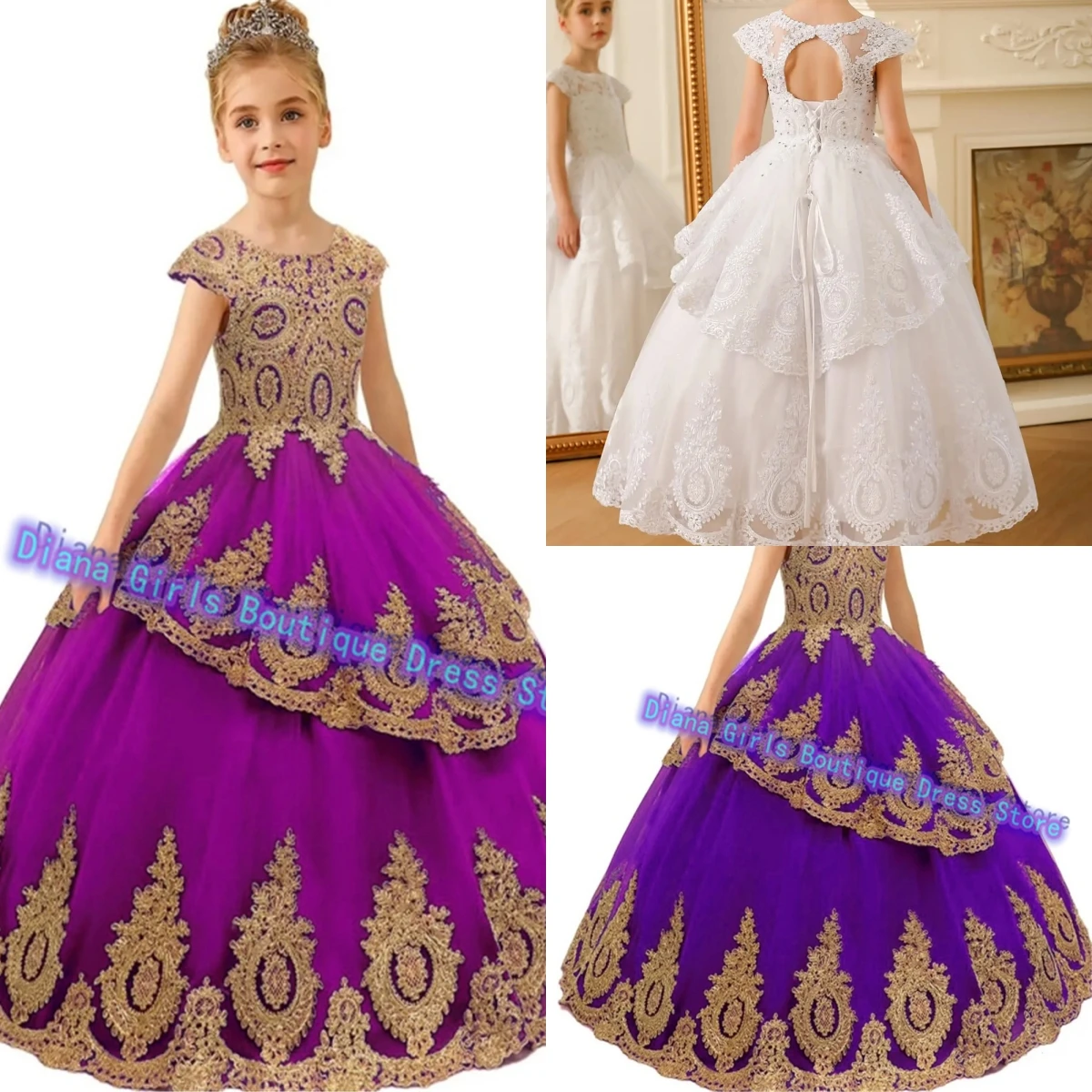 Luxury Gold Pinting  Fower Girl Dress Tulle Fluffy Wedding Toddlers Beaded Lace Applique Kids Birthday Evening Customise Gowns