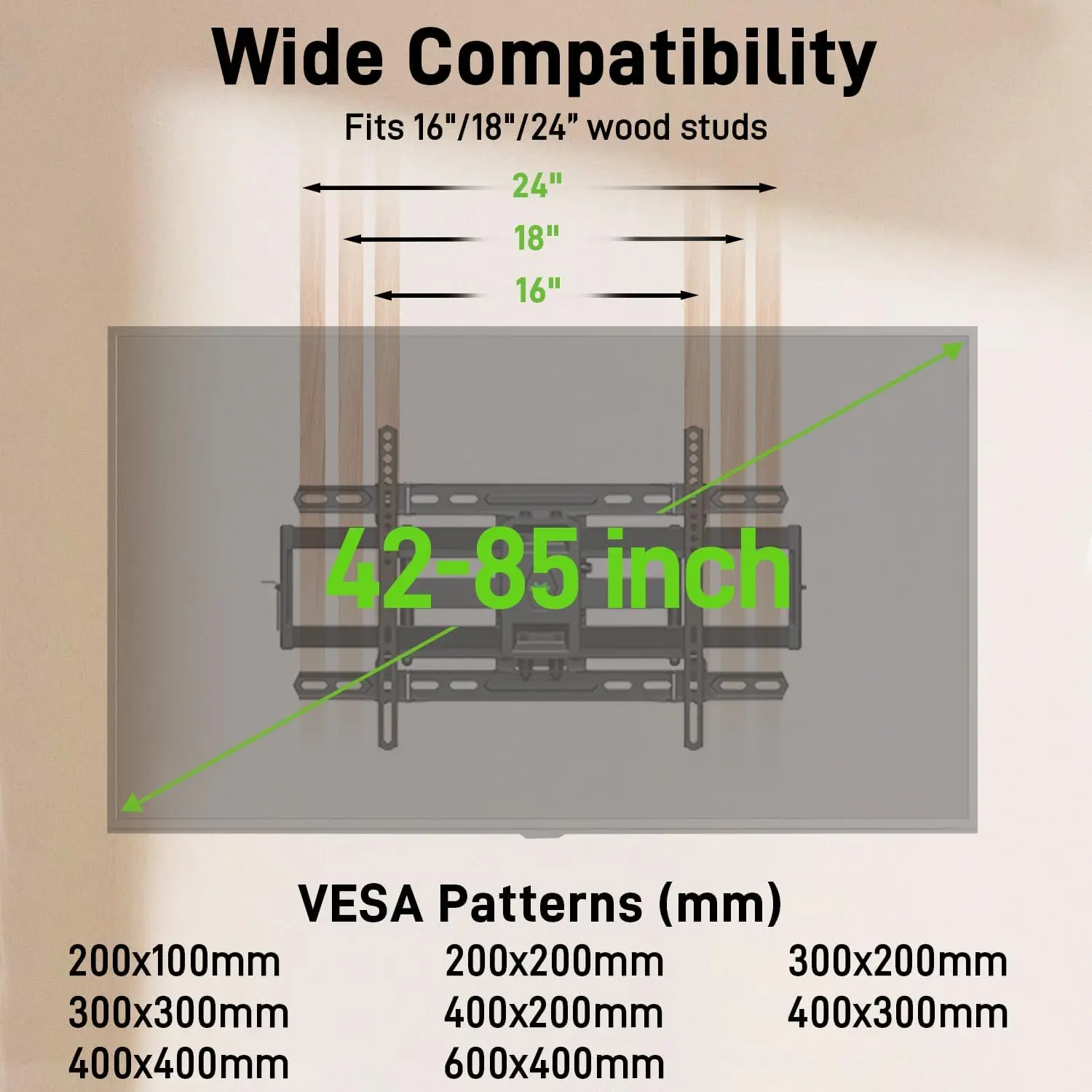 Support mural TV répertorié UL pour téléviseurs 42"-85", convient aux goujons 16" 18" ou 24", support TV d'extension d'inclinaison pivotante à montage mural à mouvement complet