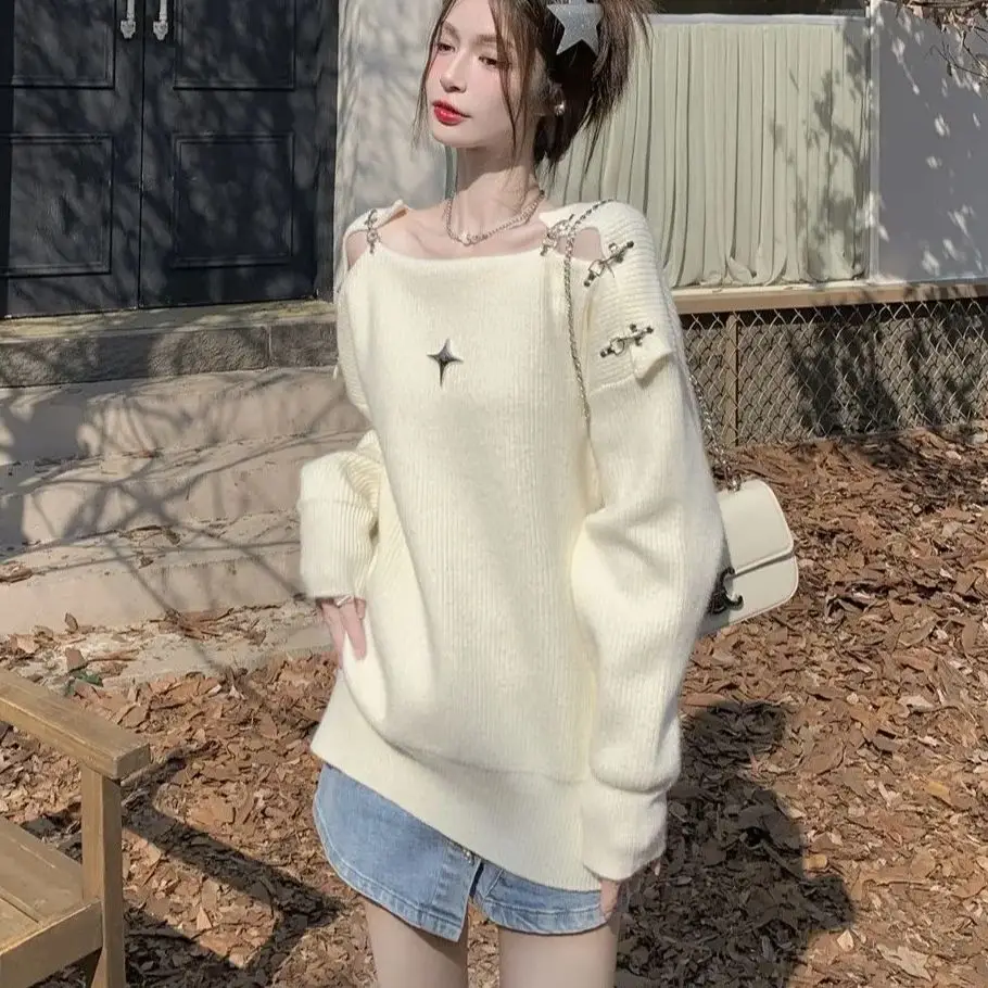 Off-Shoulder Slope-Neck Pullover Sweater 2024 Autumn Loose Casual Solid Color Harajuku Retro Fashion One-Shoulder Top