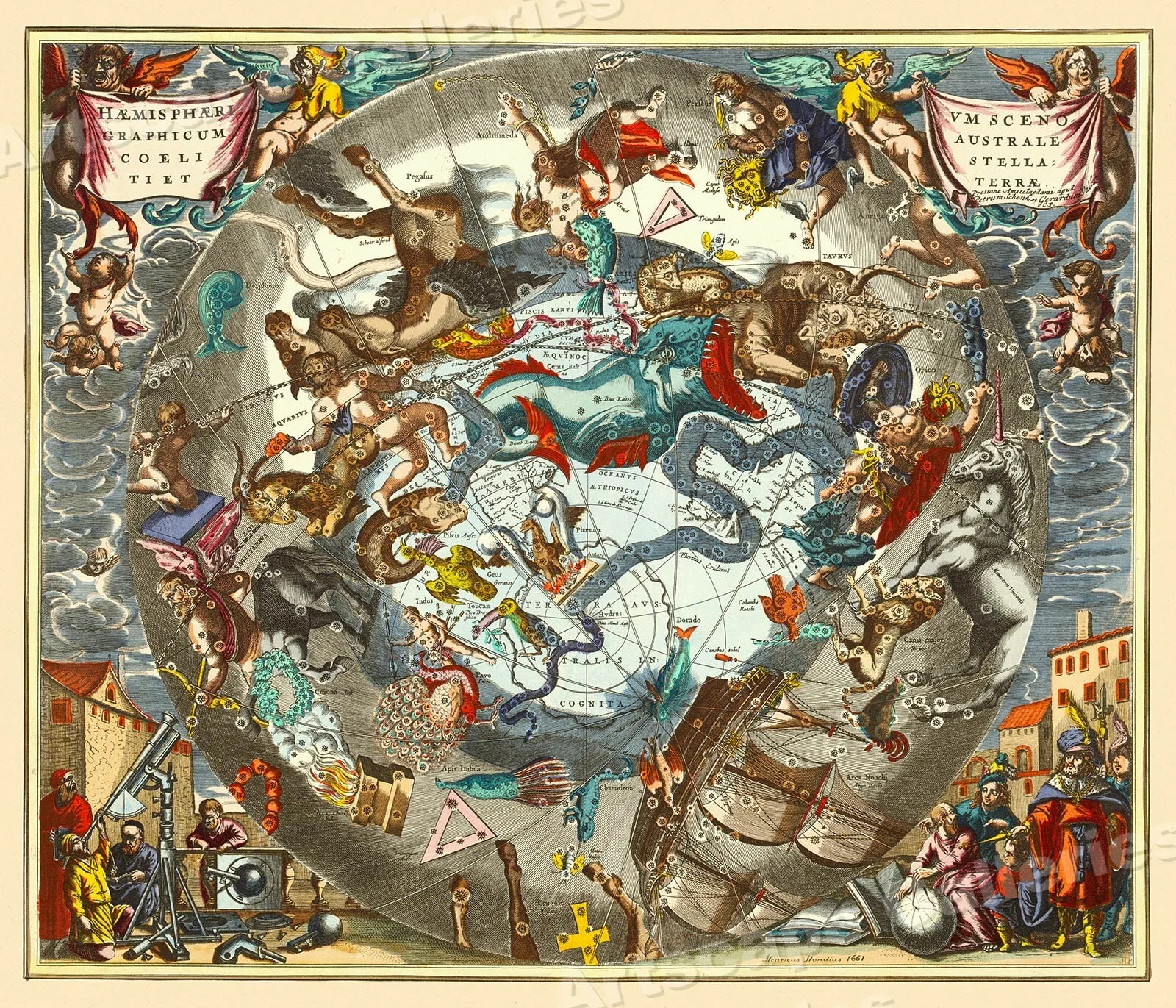 1661 hemelse kaart van de sterrenbeelden historische vintage stijl kaart POSTER Wall Art Rome decoratie