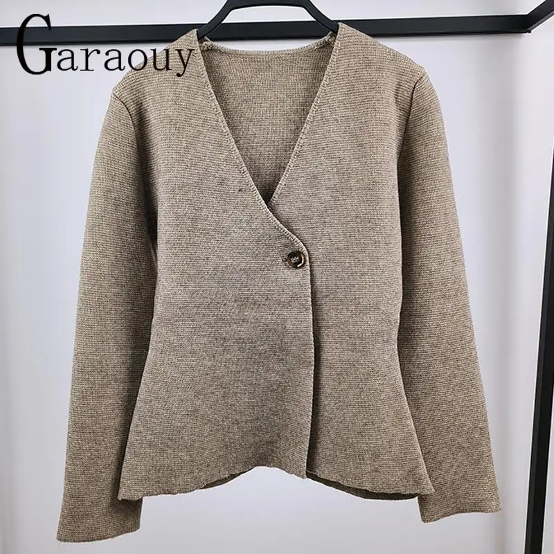 Garaouy 2023Winter Women Chic V Neck Button Slim Knit Blazer Cardigan Female Simple Solid Sweater Jacket Soft Warm Coat Knitwear