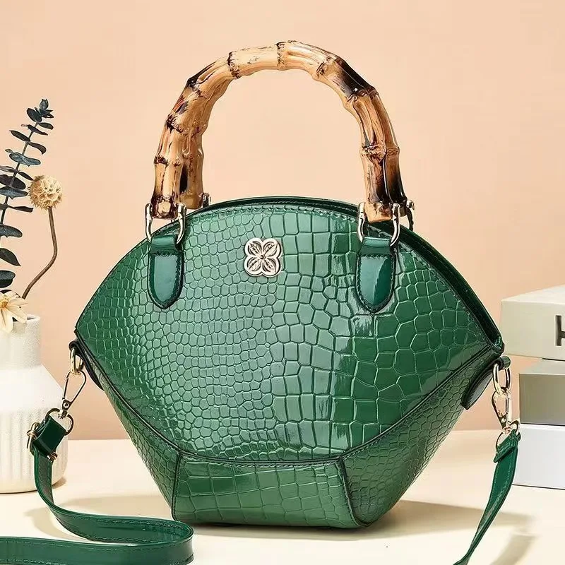 Crocodile Pattern Creative Shell Shaped Shoulder Bags High Quality Retro Bamboo Joint Handle Handbag Women Office Crossbody Bag