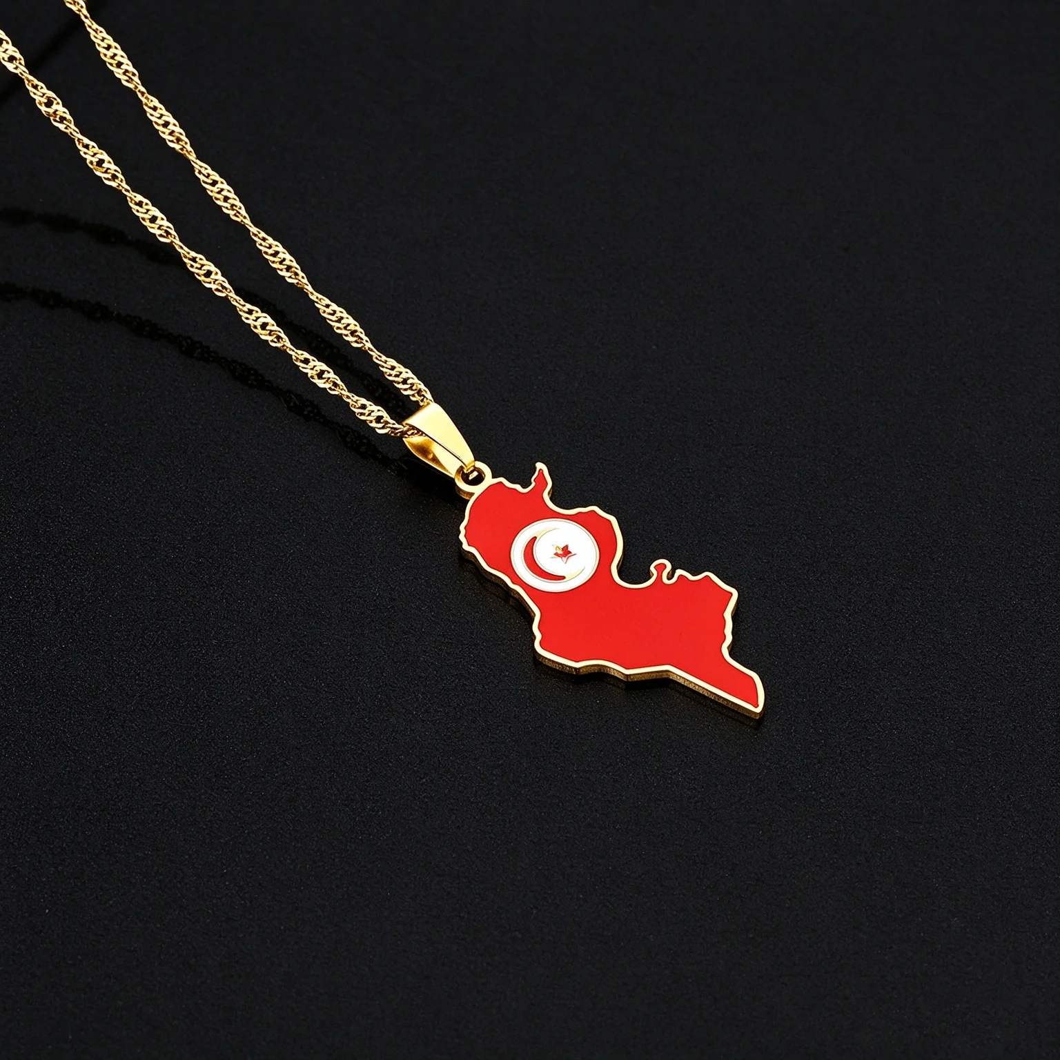 Fashion Stainless Steel Enamel Tunisia Map Flag Pendant Necklace for Men Women Gold Silver Color Maps Jewelry Gift