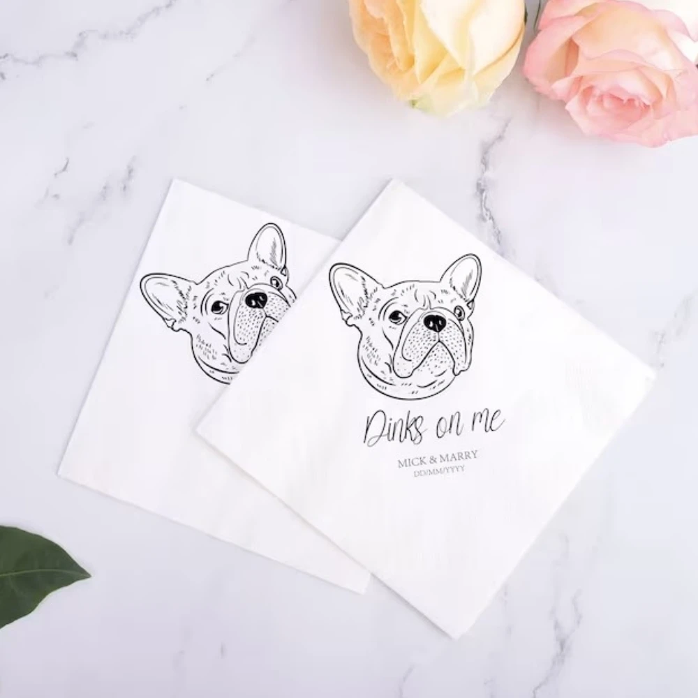 50pcs Custom Illustrated Dog Wedding Napkins | Custom Pet Wedding Paper Napkins | Drinks On Me | Personalized Engagement Napkins