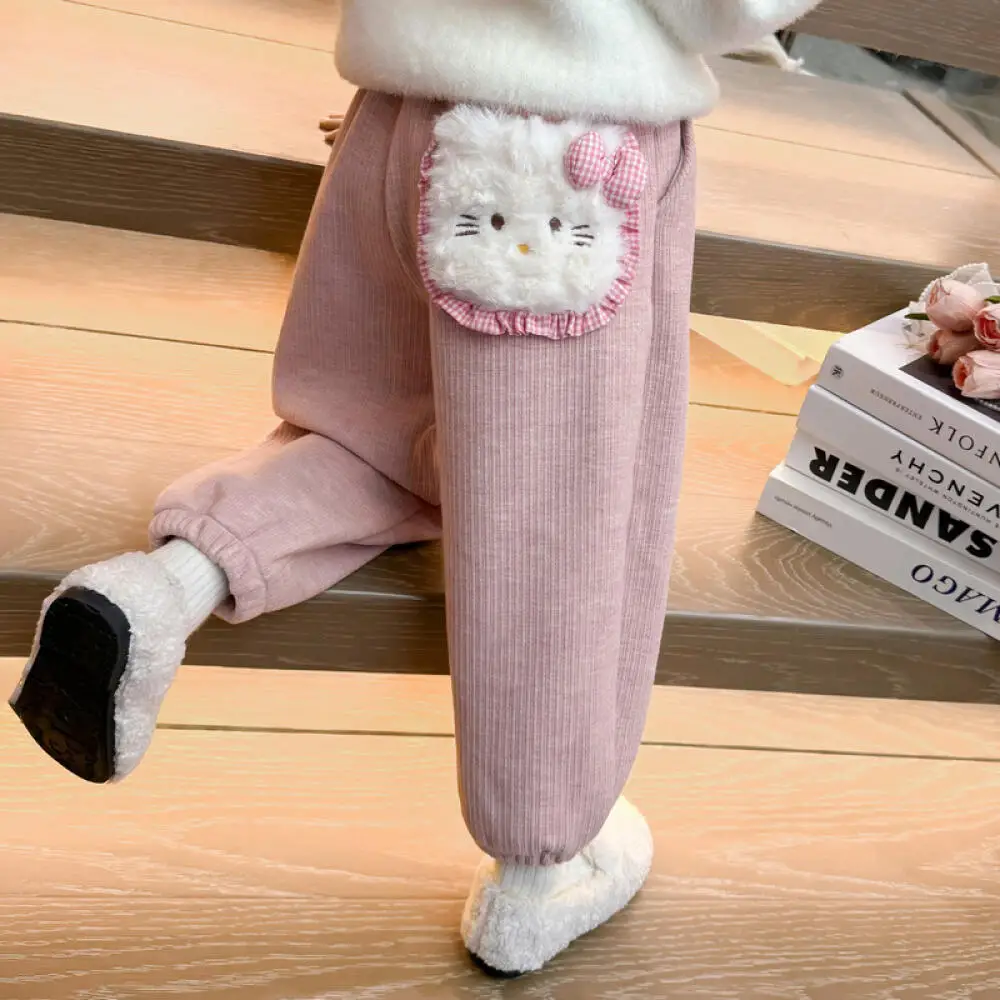 

Sanrio HelloKitty Girls' Fleece Sweatpants Autumn and Winter Style Children's Thickened One-Piece Velvet Casual Pants Warm Pants