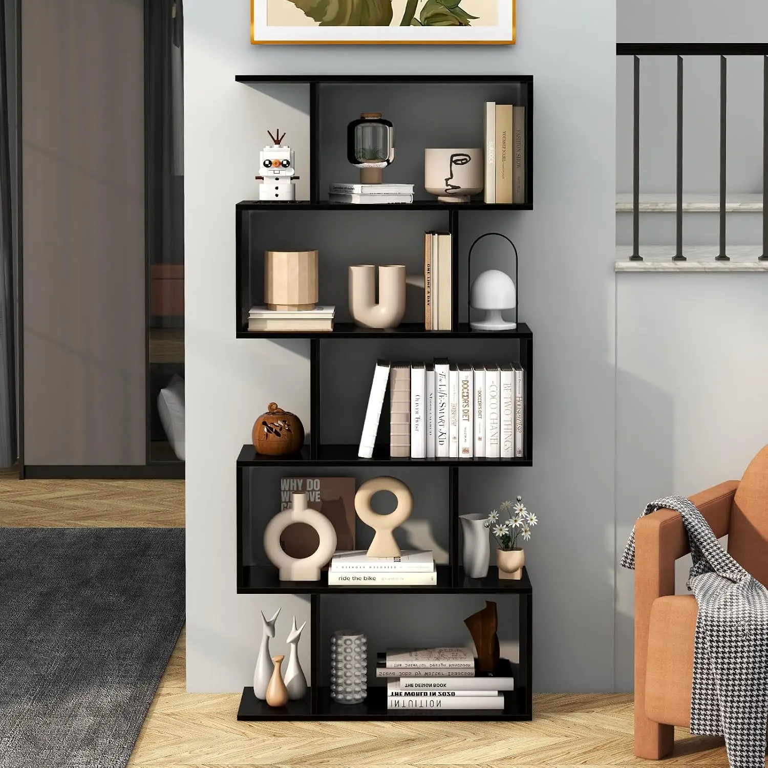 5-Tier S Shaped Geometric Bookshelf w/Anti-Topple Device, Freestanding Room Divider Storage Shelf for Living Room, Customized