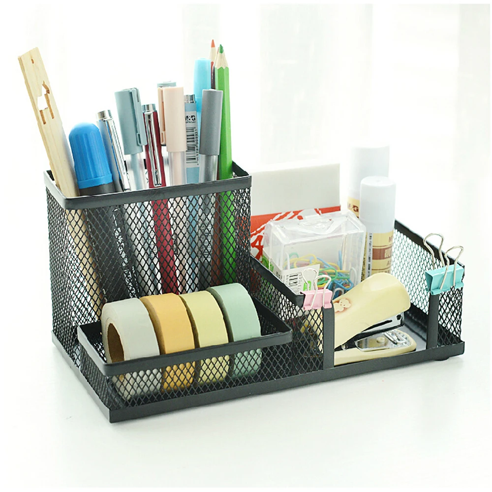 Steel Mesh Desk Organizer Set - Desktop Supply Caddy and Pen Holder Mini Hutch Organizer Storage Table | Counter in Kit- Black