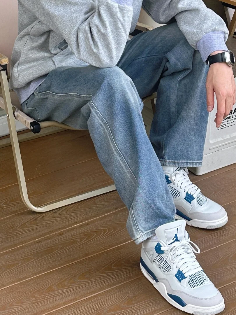 

Американские широкие джинсы с завышенной талией в стиле ретро, мужские летние универсальные повседневные прямые джинсы свободного покроя, всесезонные джинсы для подростков