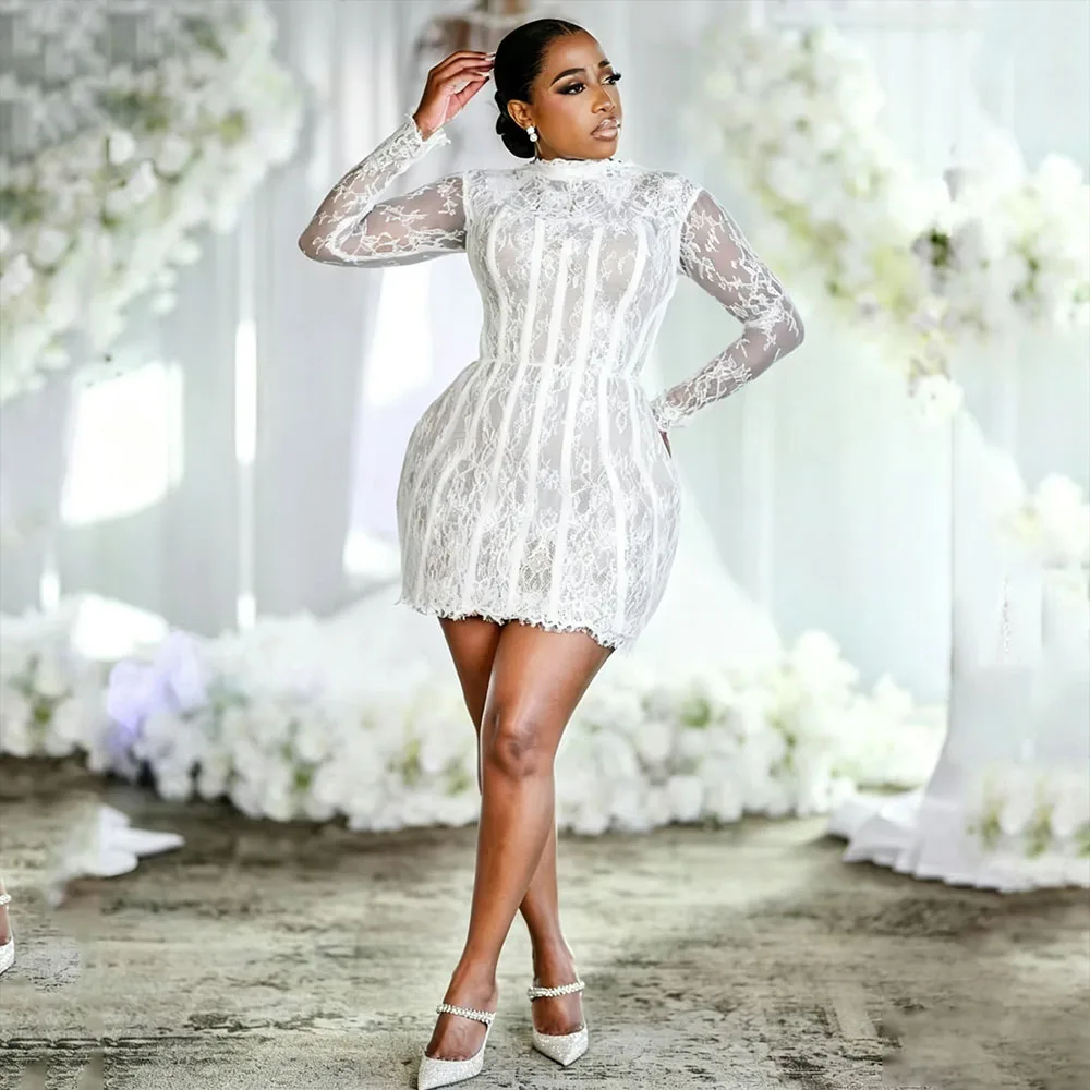 African Civil Weddings Dresses Full Sleeve Lace Pre-wedding Bride Dress for Women Nigeria Short Bridal Shower Gown Customized